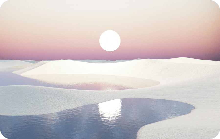 Bright sun setting over smooth white sand dunes with reflections on calm blue water pools.