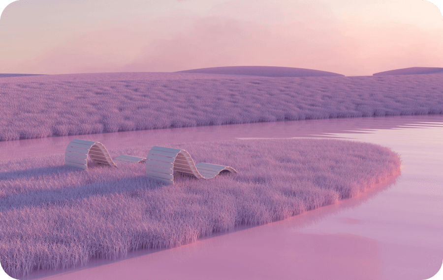 Curved wooden benches on a small grassy island surrounded by calm pinkish water during sunset.