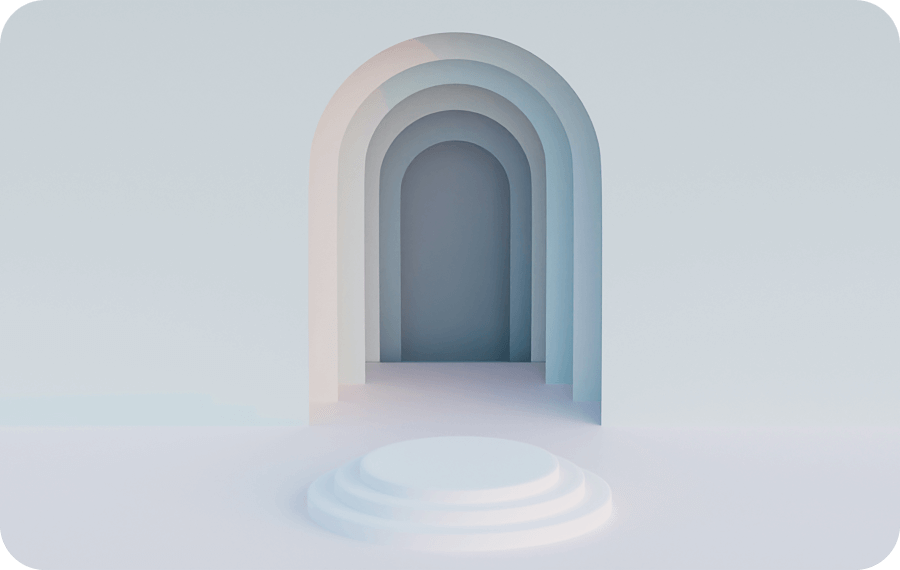 Minimalist white tunnel with repeated rounded arches and a circular stepped platform in the foreground.