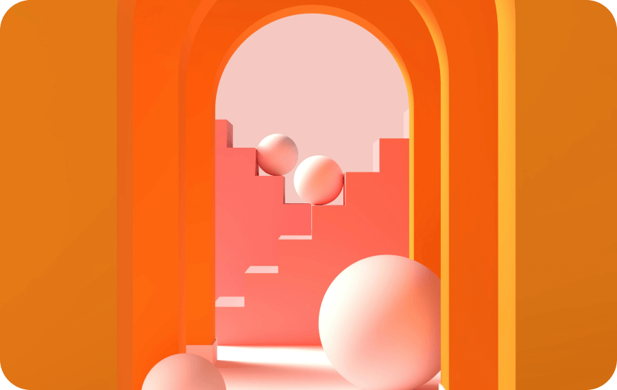 Orange arched doorway framing a staircase with large light pink spheres placed on the steps and floor.