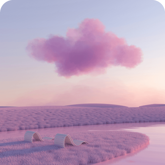 Surreal landscape with rolling fields of soft purple grass, a calm reflective pond, and a single fluffy purple cloud in a pastel sky.