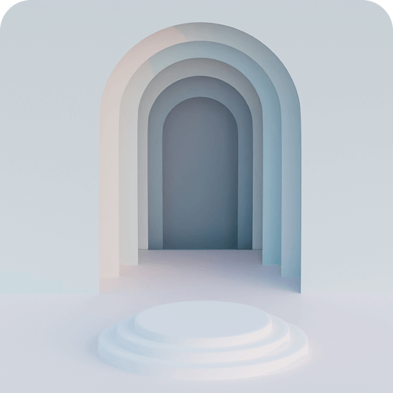 Minimalist 3D render of a white stepped platform leading to a series of arched doorways in soft light.